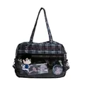 Borsa a tracolla a scacchi blu scuro con finestra trasparente e dettagli di motivi a stella - Stile Stella Gingham Scuro
