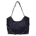 Retro deep blue denim tote bag with contrast white stitching and silver buckles - Blue