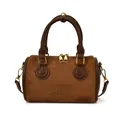 Braune Boston-Zylindertasche aus Wildleder mit dunkelbraunen Lederriemen und Goldbeschlägen - Braun