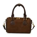 Minimalistische dunkelbraune Wildleder-Zylindertasche mit Glattledergriffen und Goldteilen - Braun