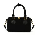 Retro schwarze matte Wildleder-Zylindertasche mit goldenen Beschlägen und Ledergriffen - Schwarz