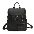 Minimalist large capacity dark grey canvas and leather trim backpack with front buckle - Black
