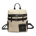Retro canvas backpack with beige fabric and dark brown leather trim with buckles - Off White
