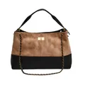 Quilted faux suede tote bag with brown and black panels and a golden turn-lock closure - Khaki