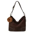 Dark coffee suede hobo tote bag with adjustable strap and donut charm detail - With Pendant / Brown