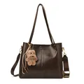 Donkerbruine retro PU-lederen shopper met merklogo en bruine teddybeer bedeltje - Met Hanger / Bruin