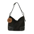 Large black suede hobo tote bag with leather trim and donut charm on white background - With Pendant / Black