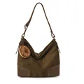 Dark brown suede tote bag with leather straps and a plush doughnut charm accessory - With Pendant / Dark Green