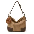 Retro khaki suede large tote bag with brown leather trim and plush donut charm - With Pendant / Khaki