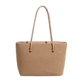 Large beige woven leather tote bag with elegant texture and long handles for women - Khaki