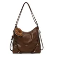 Dark brown faux leather large shoulder tote bag with cute donut charm and silver hardware - With Pendant / Brown