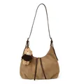 Braune Halbmond-Tasche aus Wildlederimitat mit Schultergurt und kleinem Bärenanhänger - Mit Plüschbär-Anhänger / Khaki