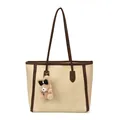 Bolso tote retro en beige y marrón oscuro con contraste y colgante de oso peluche - Sin colgante / Blanco Roto