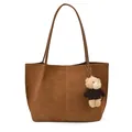 Bolso tote grande de ante marrón con costura vertical y colgante de osito de peluche - Con Colgante / Marrón