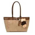 Retro khaki suede shoulder bag with brown leather trim and cute bear keychain - With Pendant / Khaki