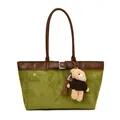 Green suede tote bag with brown leather trim and cute teddy bear charm accessory - Green