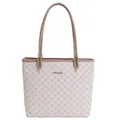 Große Shopper-Tasche mit beige geometrischem Muster, Khaki-Besatz und Golddetails - Hellbeige