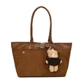 Brown suede tote bag with leather trim and cute bear charm in a classic casual style - With Pendant / Brown