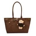 Brown vintage large capacity tote bag with suede texture and cute bear pendant charm - With Pendant / Coffee