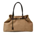 Retro tan suede tote bag with dark brown leather handles and decorative gold buckle - Khaki / Large
