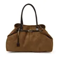 Vintage large capacity dark brown tote bag with suede texture and glossy leather straps - Dark Brown / Large