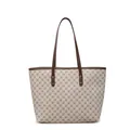 Beige tote bag with brown monogram pattern, long leather handles and gold studs - Khaki