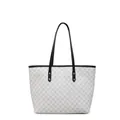 Large capacity tote bag in gray geometric pattern with black leather handles and gold rivets - Black and White