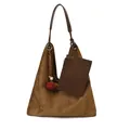 Caramel brown faux suede hobo bag with matching coin purse and decorative pendant - With Pendant / Dark Khaki