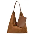 Brown suede tote bag with shoulder strap, matching pouch, and tassel charm accessory - With Pendant / Brown