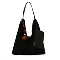 Black large hobo shoulder bag in matte suede with decorative tassel and small pouch - With Pendant / Black