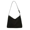 Minimalist black suede tote bag with V-shaped top and adjustable golden hardware strap - Black