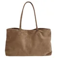 Large capacity tan faux suede tote bag with minimalist stitching and dual shoulder straps - Khaki