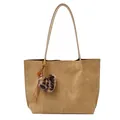 Vintage brown suede tote bag featuring leopard heart pendant and long shoulder straps - No Pendant / Light Khaki