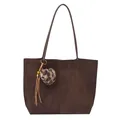 Dark brown large capacity tote bag with leopard plush ball and tassel charm - No Pendant / Brown
