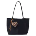 Retro black suede tote bag with leopard heart charm and leather tassels detail - No Pendant / Black