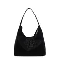 Große schwarze Hobo-Tasche mit Leopardenmuster, matter Textur und breitem Schultergurt - Schwarz