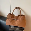 Brown faux suede tote bag with leopard print and buckle detail for women - One Size / Leopard Brown