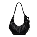 Elegant black pleated hobo bag in glossy faux leather with knotted strap detail - Black