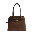 Deep brown faux suede tote bag with elegant belt buckle and large capacity - With Pendant / Brown