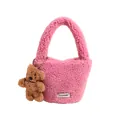 Pink plush lamb wool handbag with cute bear charm and white woven label on front - No Pendant / Rose Red