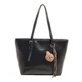 Classic black leather tote bag with long strap and cute brown plush bear charm - With Pendant / Black