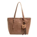 Vintage brown leather tote bag with long straps and a cute bear charm for daily use - With Pendant / Khaki