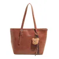 Brown vintage large capacity faux leather tote bag with a plush bear charm and text - With Pendant / Brown
