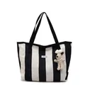 Bolso tote de lona a rayas blancas y negras con adorno de perrito de peluche - Con Colgante / Negro