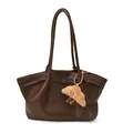 Dark brown pebbled leather tote bag with a cute plush croissant charm and metal buckle - With Pendant / Brown