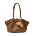 Brown litchi grain leather tote bag with a cute plush croissant charm and slim straps - With Pendant / Brown