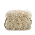 Beige faux fur crossbody bag with adjustable brown leather strap and gold buckle - Khaki