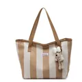 Bolso tote de lona a rayas caqui y blanco con un lindo llavero de cachorrito - Con Colgante / Caqui