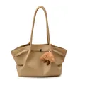 Beige faux leather large tote bag with lychee texture and cute plush croissant pendant - With Pendant / Khaki