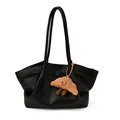 Large black leather tote bag with lychee texture and cute plush croissant charm - With Pendant / Black